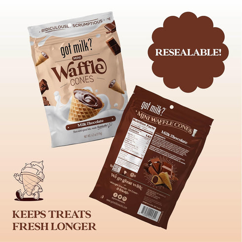 4.24 Oz. 119g Pack got milk? Mini Waffle Cones, Milk Chocolate, / Resealable Bag, Delicious Milk Chocolate Filled