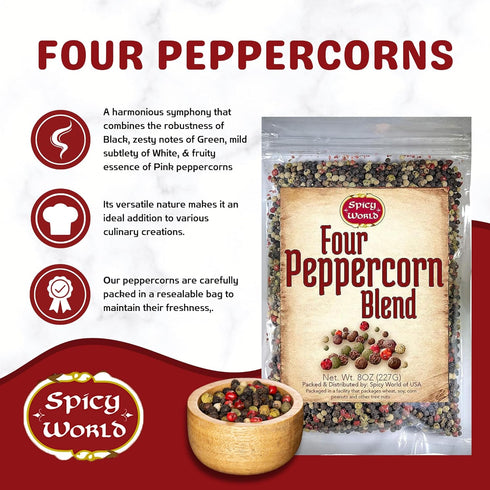 Spicy World Four Peppercorn Rainbow Blend, 8 Oz - Whole Black, Green, White & Pink Peppercorns