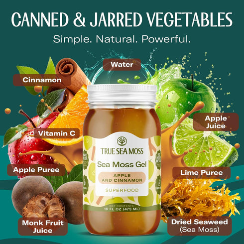Pack 1 TrueSeaMoss Sea Moss Gel Made in USA Wildcrafted Seamoss, Fruits & Jarred Vegetables Apple/Cinnamon, of (Labels
