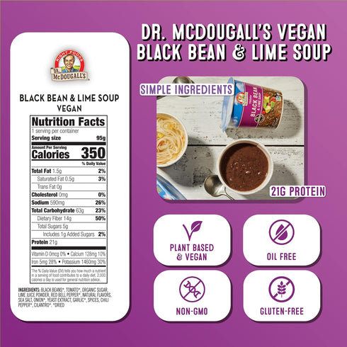 3.4 Pack 6 Dr. McDougall's Black Bean and Lime Soup - Gluten Free and Vegan Instant Soup - Vegetarian Soup - Ounce Cups