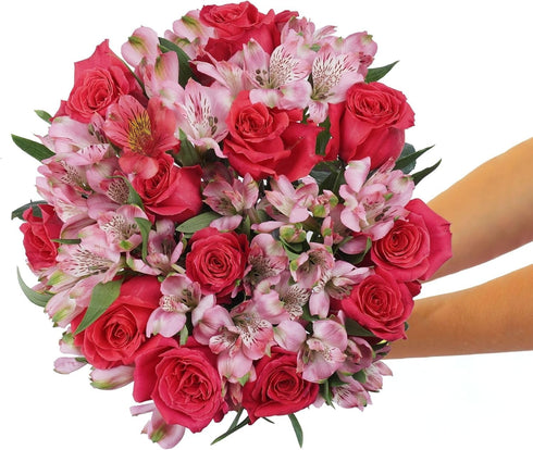 BloomsyBox Forever Blooming Bouquet Fresh Hot pink Roses & Light pink Alstroemeria (Glass Vase Included) Fresh Flowers