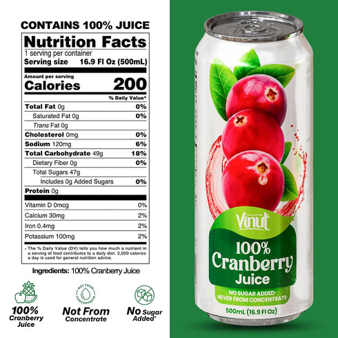 100% 16.9 oz (500 mL) Pack 12 VINUT Cranberry Juice, No Added Sugar, Not From Concentrate, fl Can