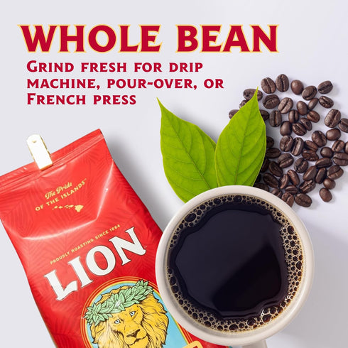 24K 100% 7 Lion Coffee Gold Roast Kona Whole Bean Coffee, Medium-Light Roast, A Taste of Aloha - Ounce Bag