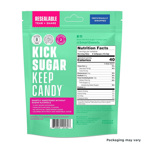 SmartSweets Lollipops - 3oz, Blue Raspberry & Watermelon Flavors, Low Sugar Hard Candy