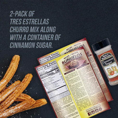 3 Tres Estrellas Churros Mix with Spice Supreme Cinnamon Sugar, Pc. Bundle, Authentic Mexican Batter Powder for Crunchy