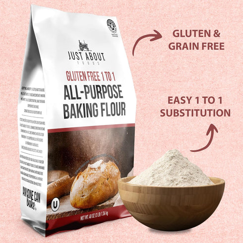 1:1 3 lbs Just About Foods All Purpose Flour Gluten-Free, New Improved Formula, All-Purpose Substitute for Wheat Flour