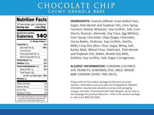 50 1.0 OZ (5 Sunbelt Bakery Chocolate Chip Chewy Granola Bars, - Bars Boxes)