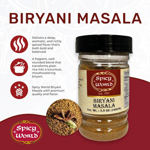 Spicy World 3.5oz 15 Biryani Masala Seasoning Mix for Rice Jar - Authentic Indian Style Blend, spice blend, All Natural