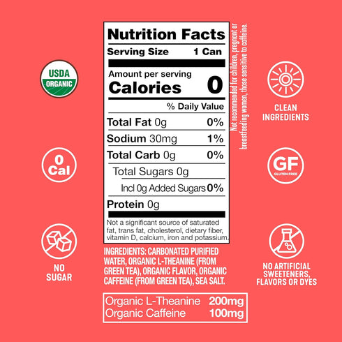 100mg 200mg (Pack 12, 12oz ARDOR ENERGY Sparkling Water with Natural Caffeine & L-Theanine from Organic Green Tea