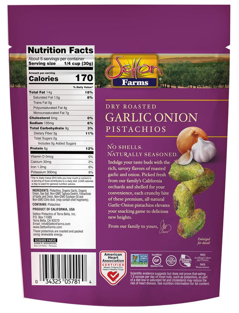 Setton 5 oz Farms Naturally Seasoned Pistachio Kernels, Garlic Onion, No Shell Pistachios, Certified Non-GMO, Gluten