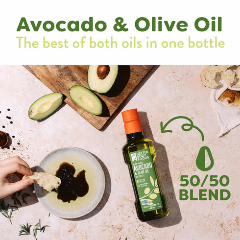 50/50 500 mL, 16.9 Oz BetterBody Foods Refined Avocado Olive Oil Blend, Non-GMO Cooking Oil, Gluten Free, Kosher