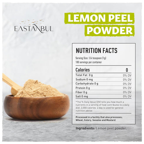 6.4oz Eastanbul Lemon Peel Powder, Lemon Peel Ground, Pure Citrus Powder, Dry Lime Ground for Baking, Cooking, Teas
