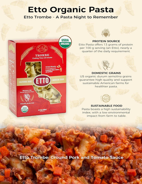 4 (4 Etto Pasta- Organic Trombe Pasta- Single Ingredient- Non-GMO Pasta- Vegan, Vegetarian, Organic Pasta.