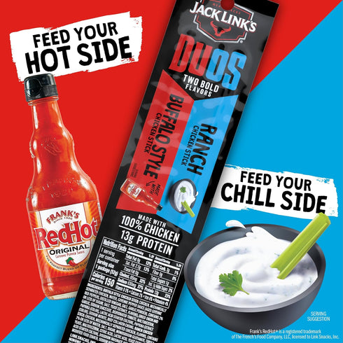 13g 100% Package, 1.84oz (10 Pack 2 Jack Link's DUOs Chicken Jerky Meat Snack Sticks with Protein - Frank's RedHot