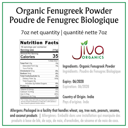 Jiva Organics Organic Fenugreek Powder, 7oz Bag - Gluten Free, Non-GMO, Pure Methi Powder from India