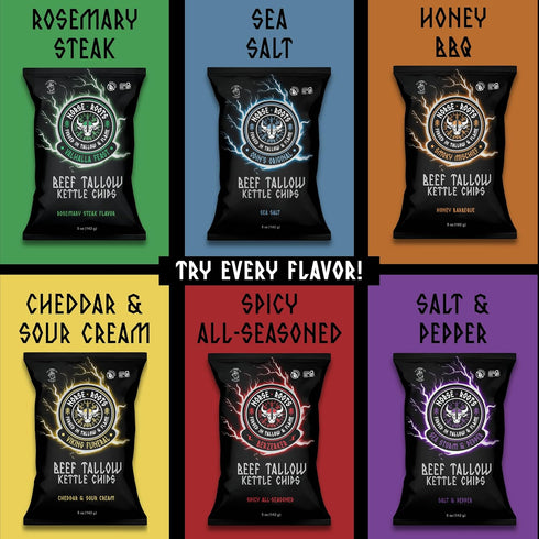 6 Pack, 5 oz Norse Roots Beef Tallow Potato Chips Viking Funeral (Cheddar & Sour Cream) Seed Oil Free Kettle Chips