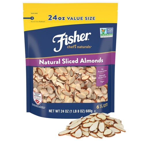 Fisher Chef's Naturals Unsalted Sliced Almonds 24oz Resealable Bag, Raw Nuts Perfect