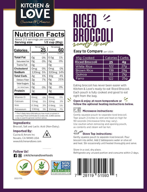 8 oz (6 Pack) Kitchen & Love Riced Broccoli | Low Carb & Calorie, Vegan, Ready to Eat Food, Shelf Stable Food