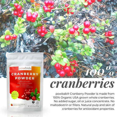 100% (3.5 Oz) powbab Cranberry Powder from USA Grown Organic Dried Cranberries. No Added Sugar. Pure Fruit, Unsweetened