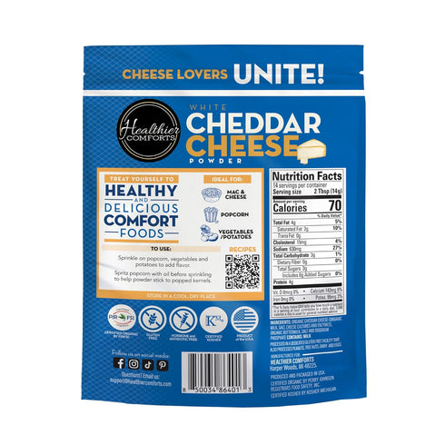 (0.44lb) Healthier Comforts Organic White Cheddar Cheese Powder | Gluten Free, Kosher, Keto-Friendly, Non-GMO