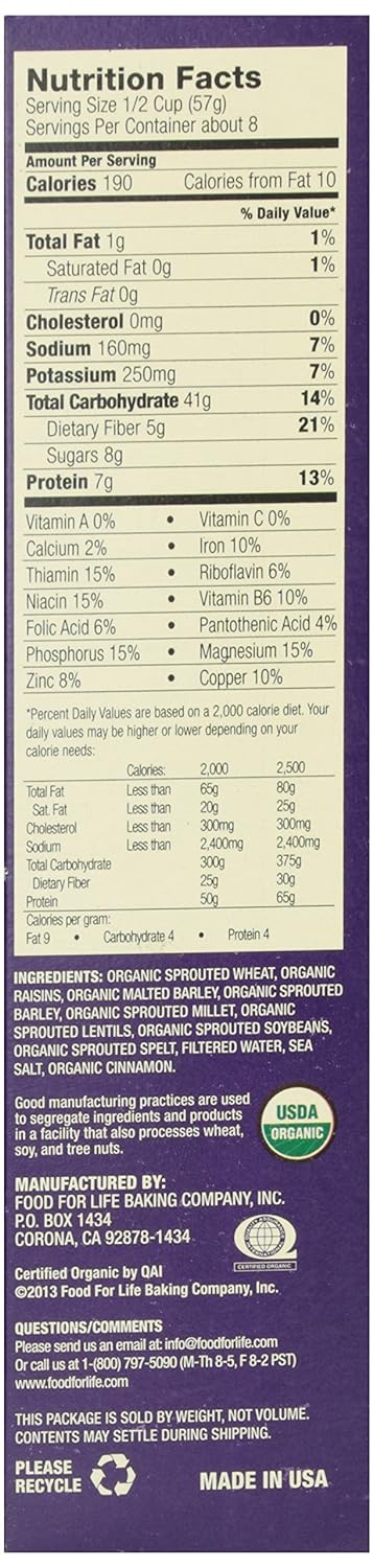 4:9 16 oz Food for Life, Ezekiel Organic Sprouted Grain Cereal, Cinnamon Raisin