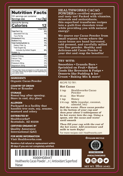 16 Oz 1 Lb Healthworks Superfoods Organic Cacao Powder - / - Cocoa Chocolate Substitute - Rich Chocolate Flavour