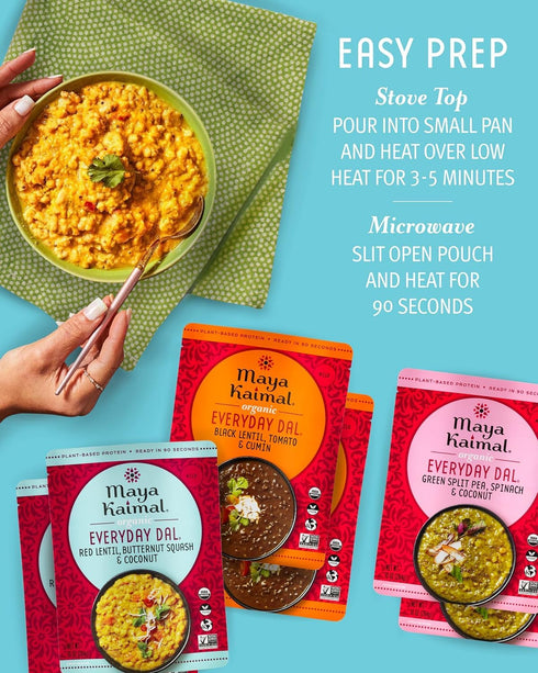 12 pack 10oz Maya Kaimal Foods - Organic Indian Everyday Dal - variety of Ready to Eat Meals - Fully Cooked - Vegan