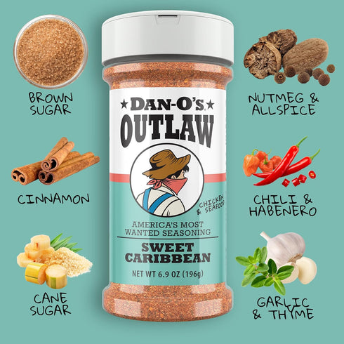 6 Set- Dan-O's Outlaw Seasoning Bottle Butter Dust, Butter Steak, Spicy BBQ, Sweet Caribbean, Sweet & Tangy BBQ