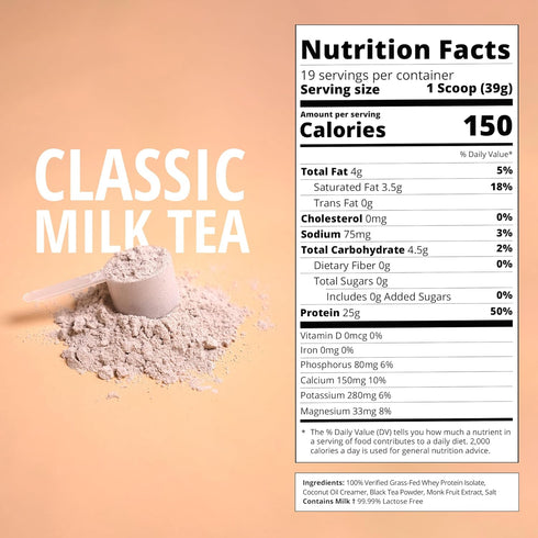 25g 19 Classic Milk Tea Protein Powder | Grass-Fed Whey Protein Isolate Powder | Gluten-Free & Soy-Free Bubble Tea