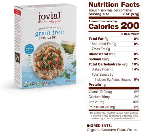 8 Oz, 1 Pack Jovial Grain-Free Cassava Fusilli - Fusilli Organic, Gluten Free Pasta, Fusilli Pasta, Cassava Pasta