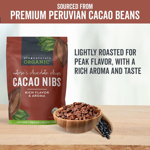 Viva Naturals Organic Cacao Nibs, 8 oz - Keto Friendly, Unsweetened Chocolate Chip Substitute