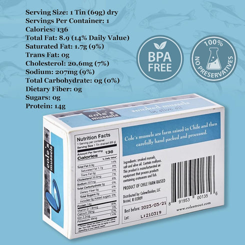4oz Hand-Packed 14g Pack 5 Coles Patagonian Smoked Mussels Canned in Extra Virgin Olive Oil | Tinned Mussels | Protein