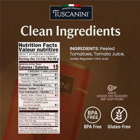 14.1 oz (4 Pack) 100% Tuscanini Italian Whole Peeled Tomatoes, | Italian Canned Tomatoes | Delicious Taste | Perfect