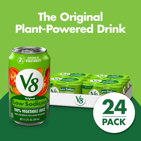 V8 100% 11.5 OZ (Pack 24) Low Sodium Original Vegetable Juice, Vegetable Blend with Tomato Juice, FL Can