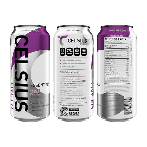 16 Oz (Pack 12) CELSIUS Essentials Sparkling Grape Slush, Sugar Free Performance Energy Drink, Can, Fl