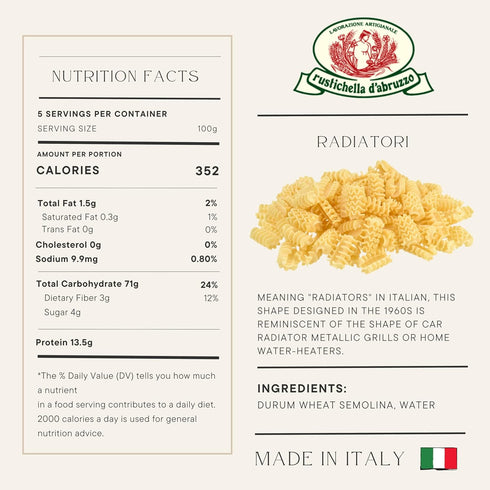 500g Rustichella d'Abruzzo Radiatori Pasta - Classic Italian Durum Wheat Semolina Short Pasta with Ridged