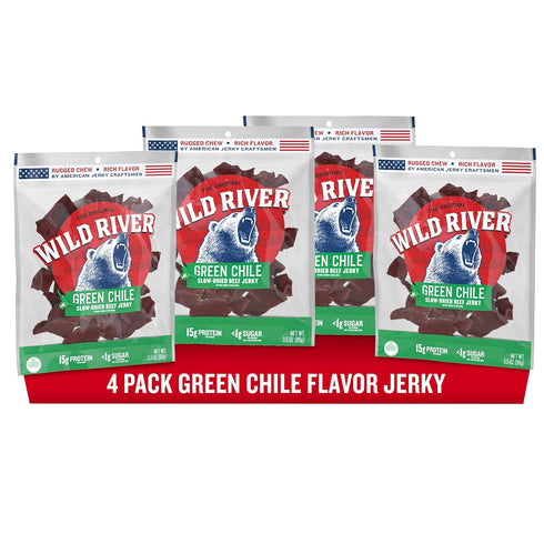 Wild River Green Chile Beef Jerky, Old Fashioned 100% Beef Jerky, Gluten