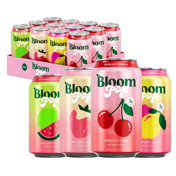 Bloom Pop Prebiotic Soda 12 Pack, Variety Pack, 12oz Cans | Soda
