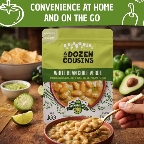 Dozen 6pk, A Cousins Vegan White Bean Chile Verde Seasoned Healthy Microwave Beans in Avocado Oil, Ready to Eat