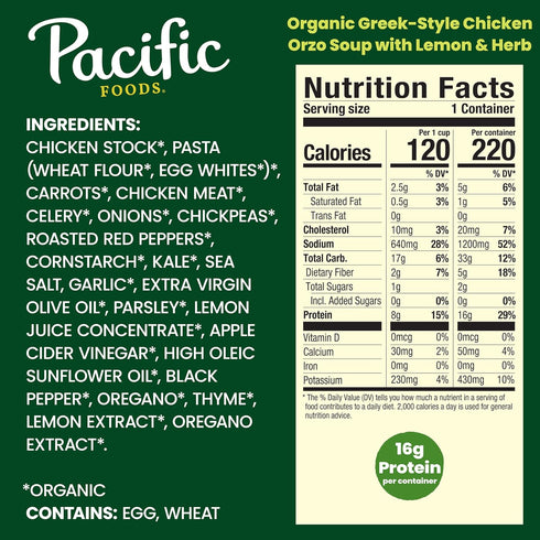 16.1 oz Pacific Foods Organic Greek-Style Chicken Orzo Soup With Lemon and Herb, Can