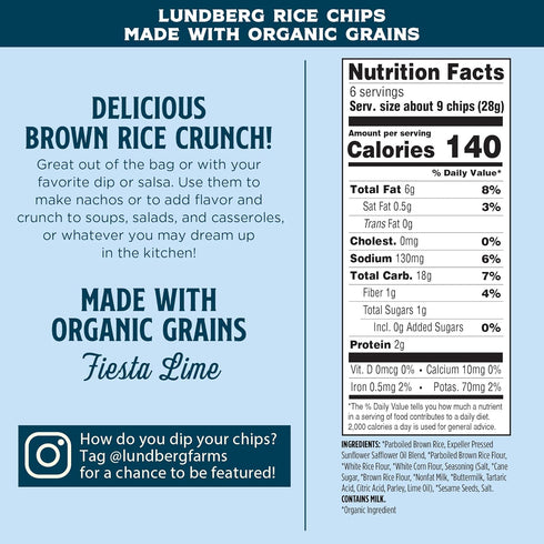 6 oz (Pack 12), Lundberg Rice Chips, Fiesta Lime, of Gluten-Free, Made with Organic Grains