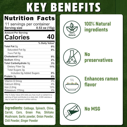 (5.83oz Dried ramen toppings. Dehydrated vegetables for ramen topper include Cabbage, Spinach, Chive, Carrot, Corn