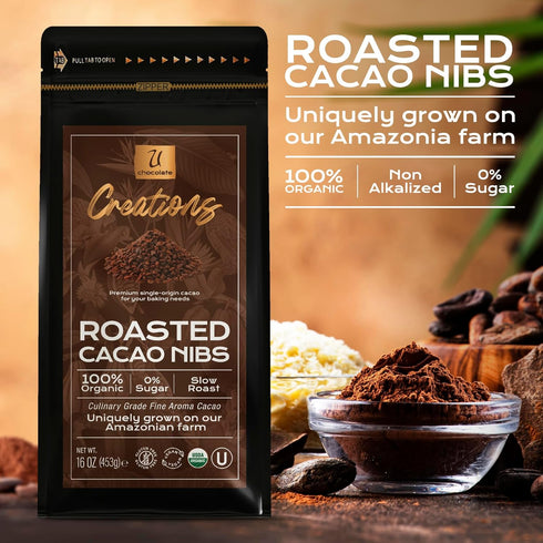 (16 oz) 100% 0% U Chocolate Creations | Organic Cacao Nibs | Fresh from our Farm | natural, Sugar | Perfect topping