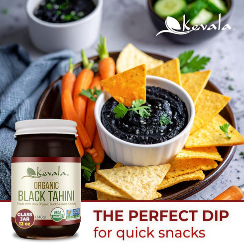 12 oz, 340g Kevala Organic Black Tahini - Gluten Free Black Sesame Paste for Bread, Kitchen Pantry Staple Processed