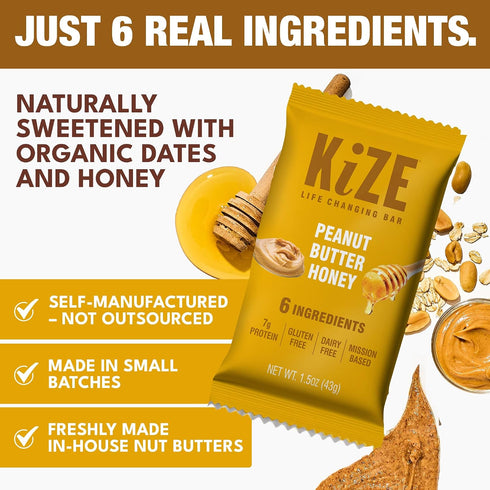 7g (10 Count) KiZE Energy Bars - Peanut Butter Honey - Gluten Free, Dairy Free, Non-GMO, and High Protein Meal