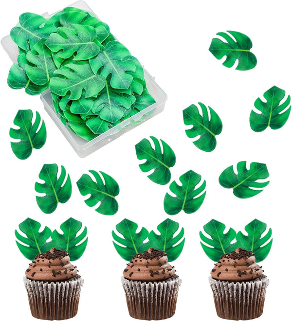 48pcs Edible Tropical Turtle Leaves Cupcake Toppers, Palm Leaf Cake Decoration for Hawaii Aloha Jungle Theme Party