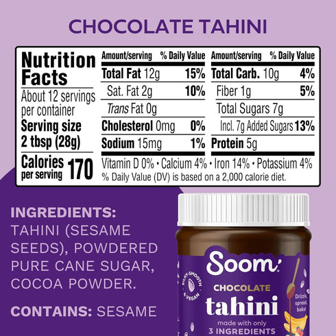 Soom Foods Chocolate Sesame Spread - 12oz (2 Pack) | Low Sugar, Dairy-Free, Nut-Free, Gluten-Free, Palm Oil-Free, 5g