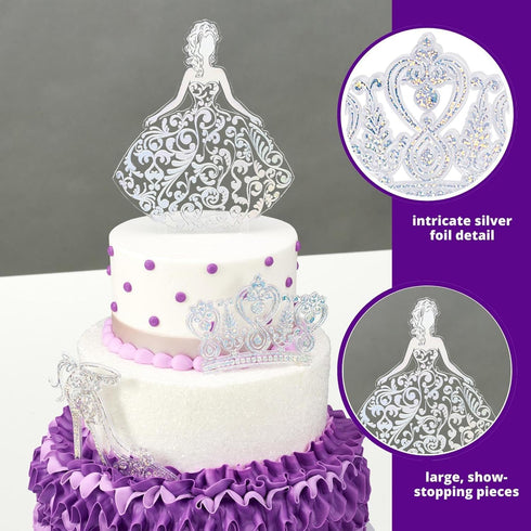 DecoPac Quinceanera Cake Topper - Glitter Cake Topper, Silver Cake Decoration, 3 Piece Set