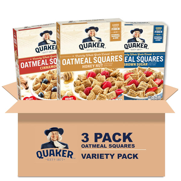 Quaker Oatmeal Squares Crunchy Whole Grain Breakfast Cereal Variety pack, 14.5 Oz