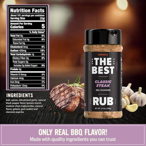 13.4 oz Kosmos Q The Best Classic Steak Seasoning Rub, Garlic Pepper & Paprika BBQ Meat Dry Rub for Prime Rib, Pork